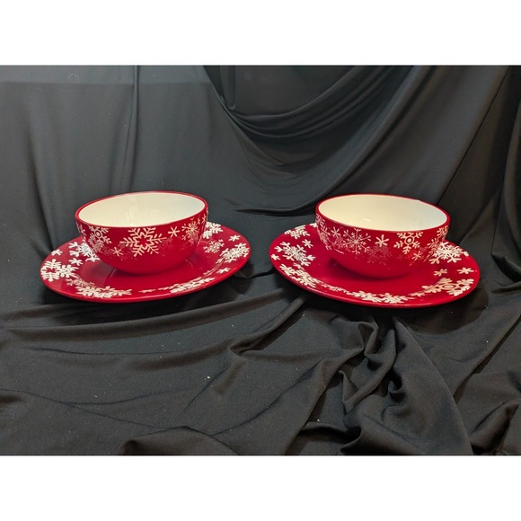 Other - SET Royal Norfolk Dinner Plate (2)(/Bowls(2) Christmas-Red With Snowflakes